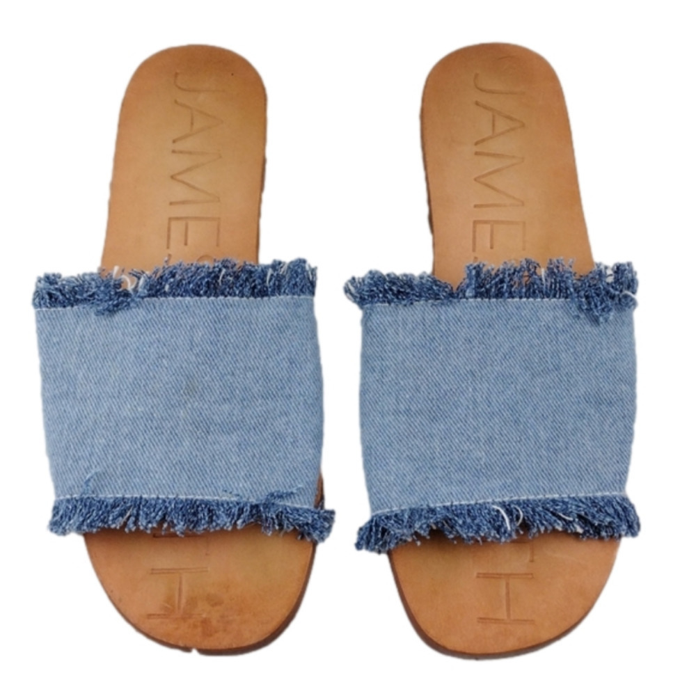 James Smith Blue Leather Fray Denim Fabric Upper Open Toe Slide Flat Sandal Shoe